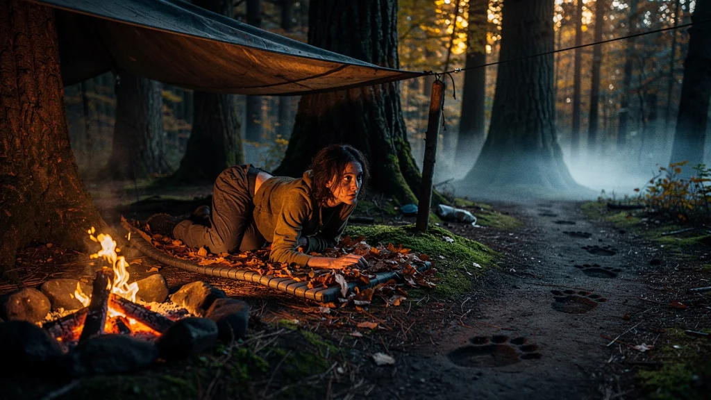 Campement en pleine nature la nuit avec une campeuse seule sous son tarp, ambiance mystérieuse et réaliste