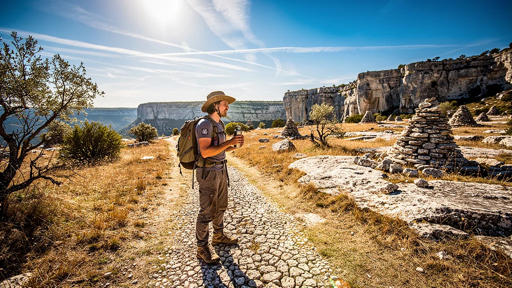Randonneur épuisé au Parc naturel régional des Causses du Quercy sous un soleil de midi intense