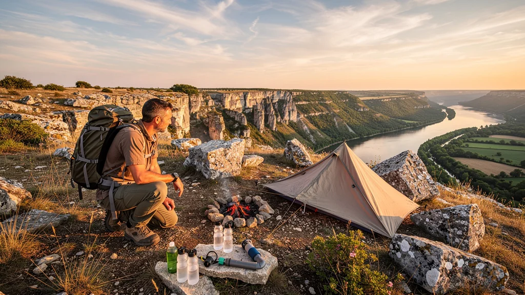 Paysage hyper-réaliste d'une rando-bivouac de 3 jours sur le causse au-dessus du Célé sans eau courante