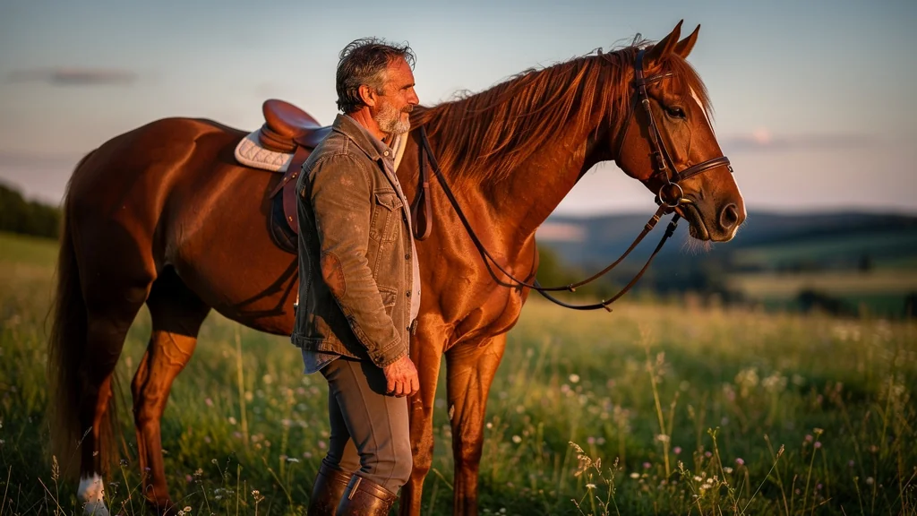 Homme doute du poids demandé à son cheval Gustave après huit ans de collaboration en campagne