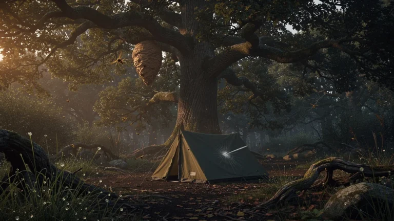Campement sous un chêne avec un nid de frelons caché au-dessus de la tente, ambiance tendue au crépuscule
