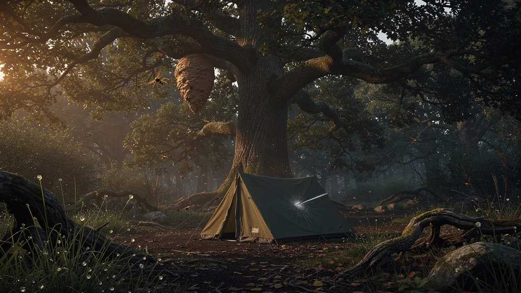 Campement sous un chêne avec un nid de frelons caché au-dessus de la tente, ambiance tendue au crépuscule