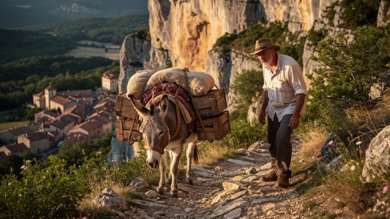 Âne trop chargé sur sentier en pente au-dessus de Marcilhac avec blessure invisible sous le bât