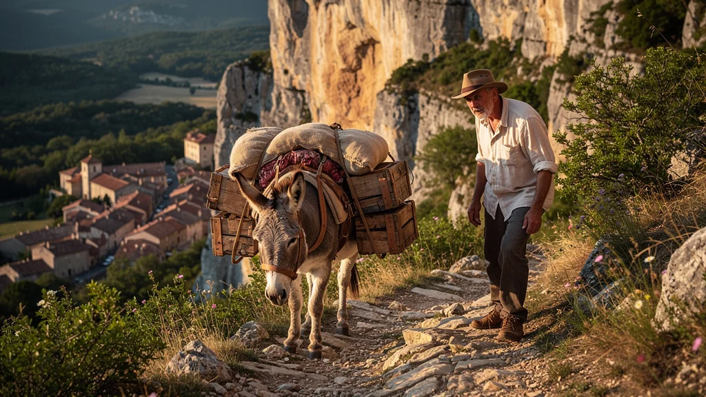 Âne trop chargé sur sentier en pente au-dessus de Marcilhac avec blessure invisible sous le bât