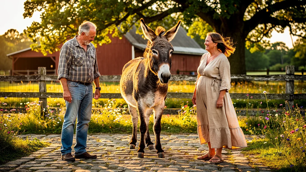 Moment complice d’un couple avec un âne qui décide de la journée à la campagne en lumière dorée