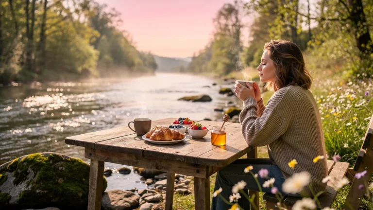 Petit-déjeuner au bord de la rivière avec le bruit du courant, moment paisible et naturel au réveil
