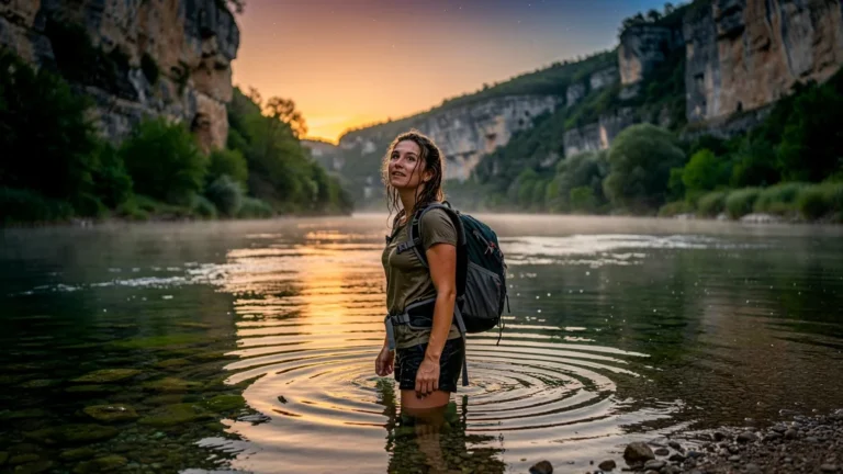 Baignade dans le Célé au coucher de soleil après 15 km de marche, moment de détente naturelle