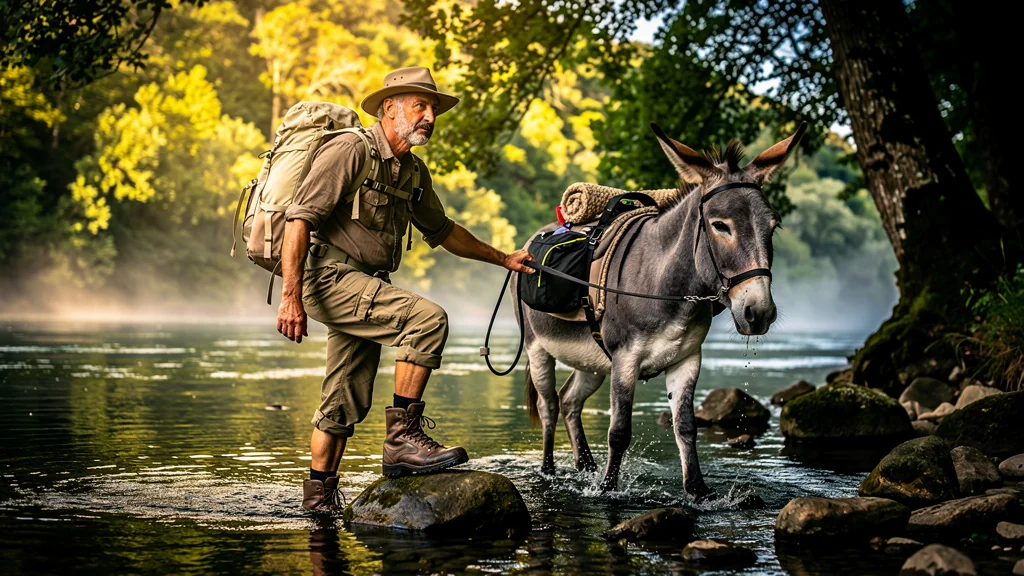 Traversée du Lot fin août avec un âne entraîné, scène réaliste au bord de la rivière en lumière dorée