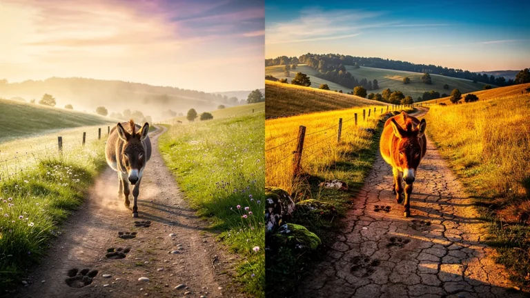 Comparaison photoréaliste balade en âne le matin et l’après-midi sur le même parcours naturel