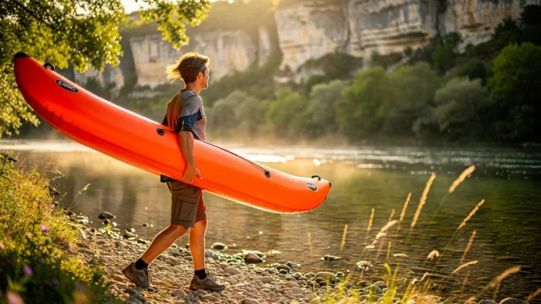 Jeune adulte emmenant un canoë gonflable orange sur la rivière Célé au coucher du soleil