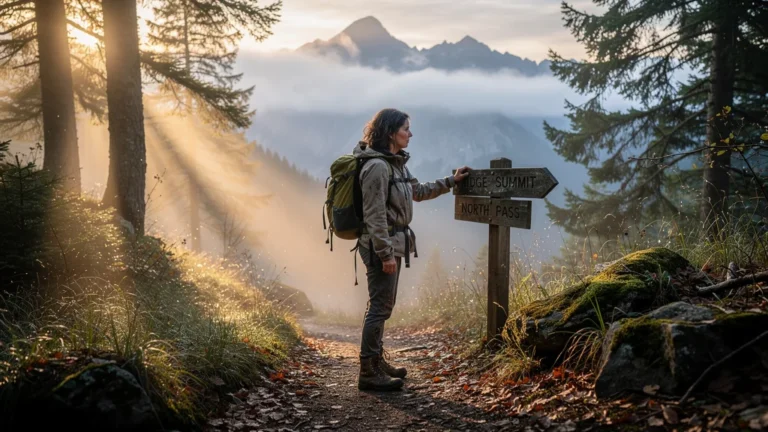 Hiker contemplative au lever du jour dans la montagne, acceptant un séjour rando raté sans raison claire