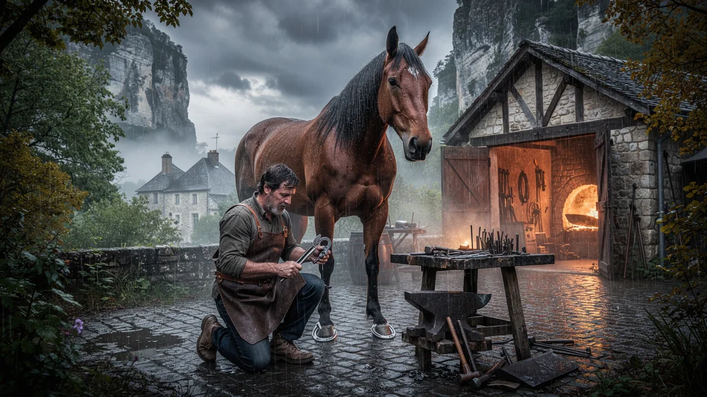 Urgence maréchal-ferrant à Cabrerets pour vérifier et refaire les fers de Gustave en pleine pluie