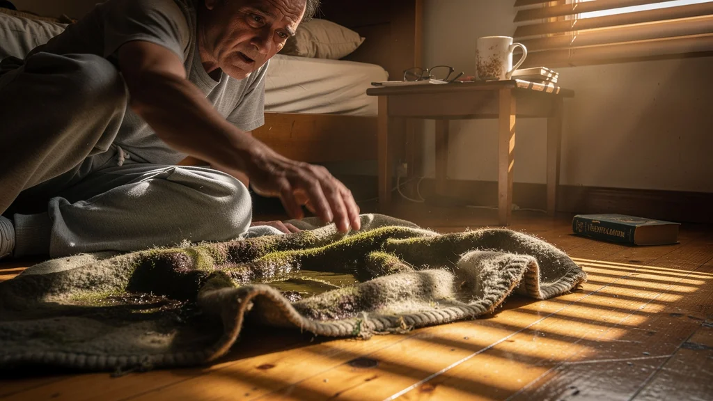 Couverture moisie abandonnée au sol, symbole de 90 euros perdus dans un intérieur modeste éclairé par la lumière du jour