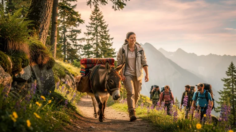Couple en randonnée avec un âne sur un sentier de montagne, ambiance paisible et intime
