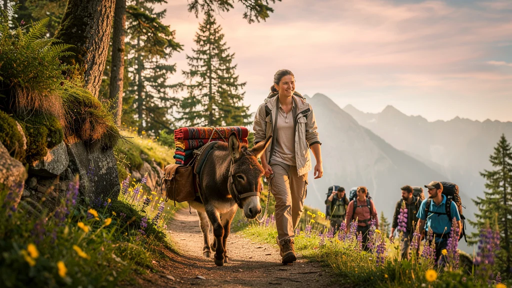 Couple en randonnée avec un âne sur un sentier de montagne, ambiance paisible et intime