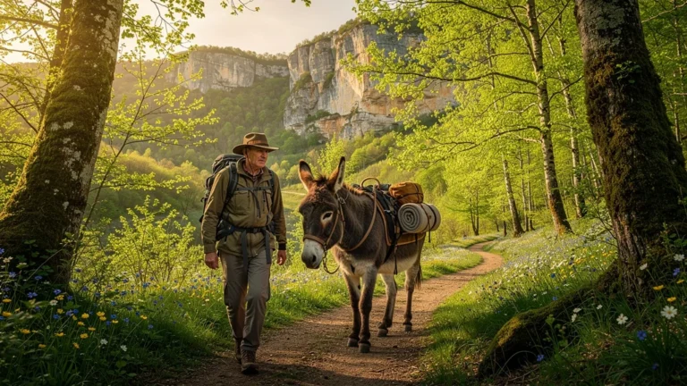 Randonnée avec un âne dans la vallée du Célé en mai, paysages verdoyants et lumineux, calme et nature