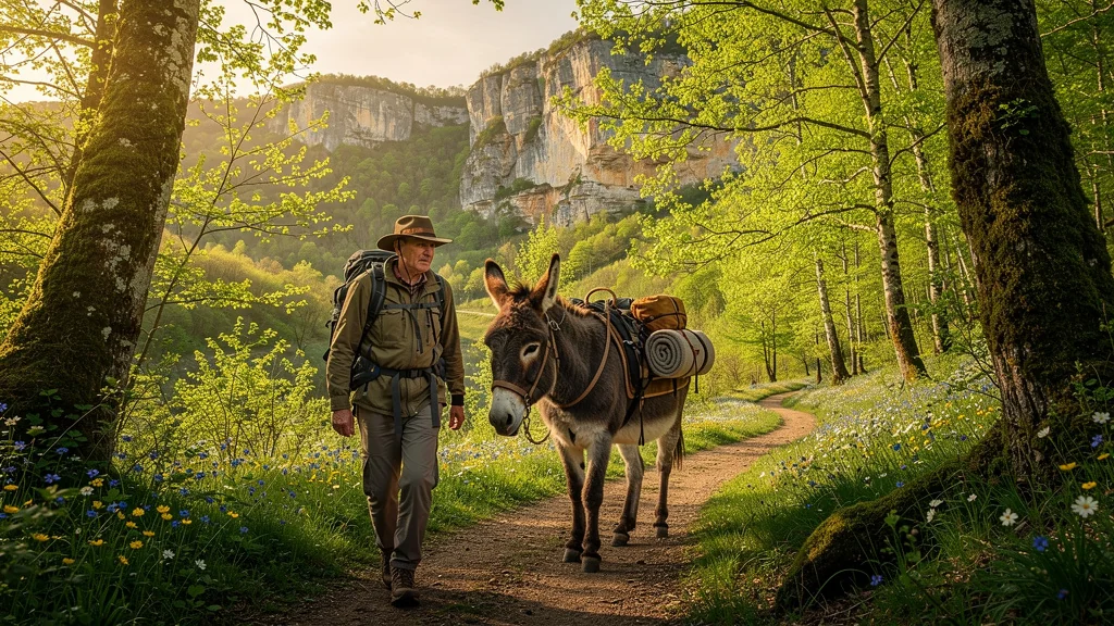 Randonnée avec un âne dans la vallée du Célé en mai, paysages verdoyants et lumineux, calme et nature