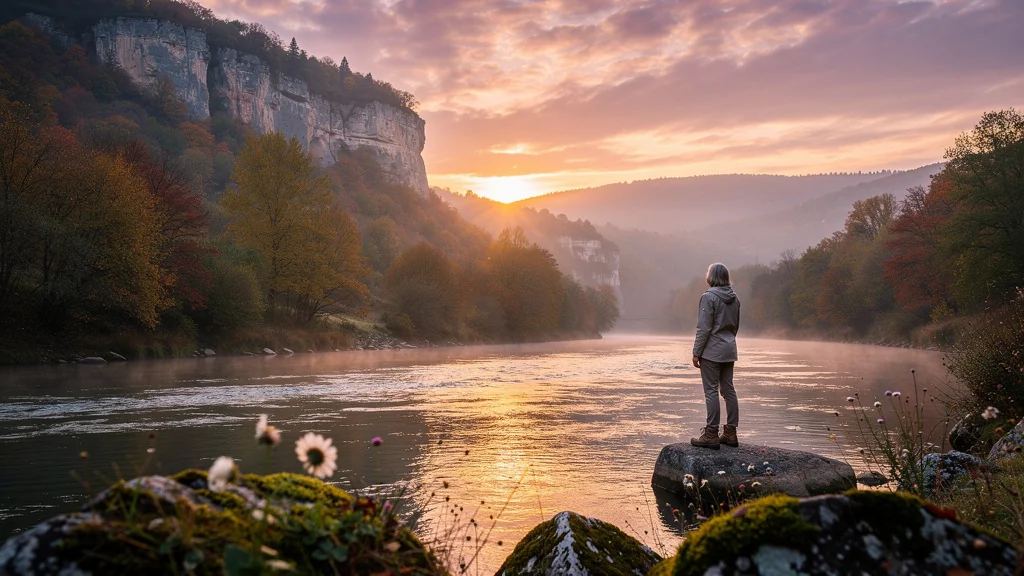 Soir d’automne calme dans la vallée du Célé, lumière dorée de septembre transformant le paysage