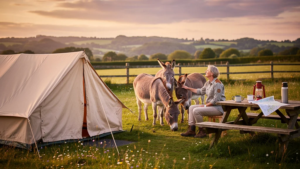 Camping rural avec parc à ânes paisible, simplicité et nature authentique pour week-end détente