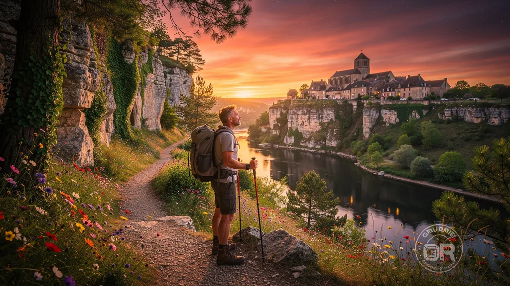 Vue panoramique hyper-réaliste du sentier GR651 à Saint-Cirq-Lapopie au coucher de soleil