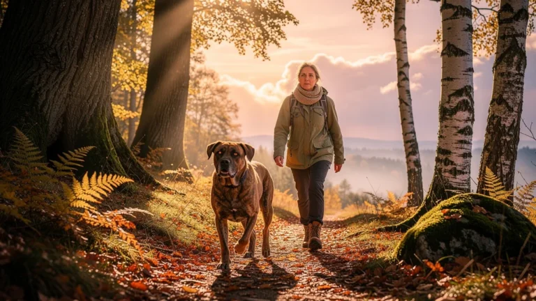 Femme guidée par son chien Gustave sur un sentier forestier reconnu d’une randonnée passée