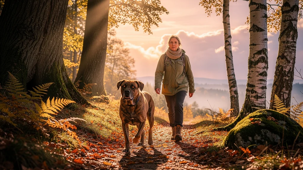 Femme guidée par son chien Gustave sur un sentier forestier reconnu d’une randonnée passée