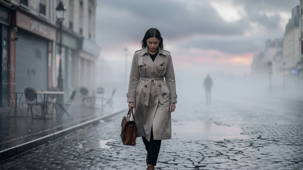 Femme marchant seule un matin gris, ressentant la fadeur sans Gustave dans une rue urbaine vide