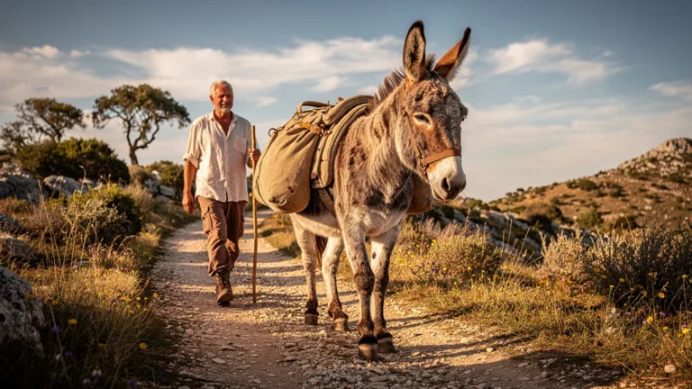 Moment réaliste d'un âne portant un sac et imposant le rythme sur un sentier montagneux ensoleillé