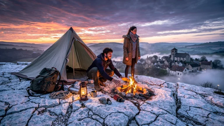 Soir d'installation de tente sur plateau calcaire au-dessus de Marcilhac entre galère et émerveillement