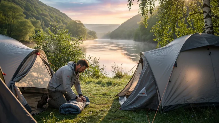 Camping au bord du Célé avec tente humide de rosée au lever du soleil dans une vallée verdoyante