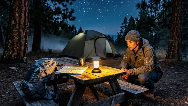 Camping nocturne avec lampes solaires à 25 euros, idéales pour bivouacs courts en forêt