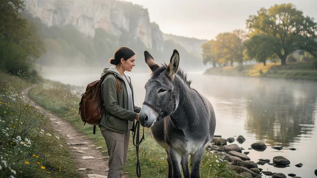 Première randonnée avec mon âne le long du Célé par un matin brumeux, ambiance tendre et naturelle