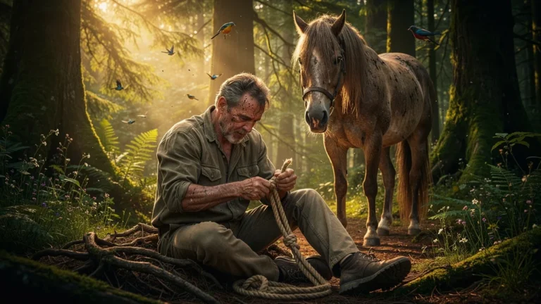 Homme bricolant un licol en corde en forêt après 4h, illustration réaliste, nature et cheval en arrière-plan
