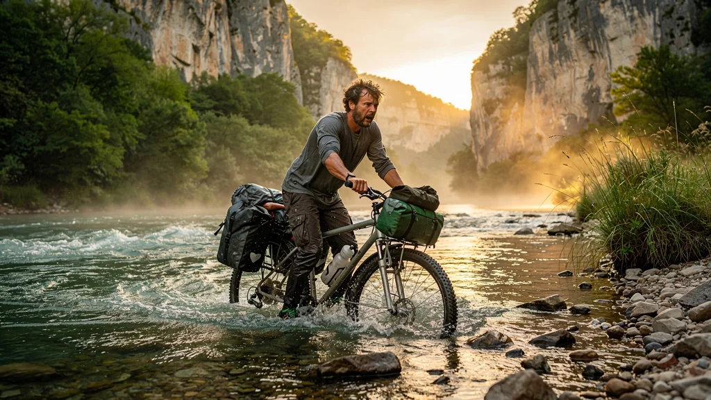 Traversée risquée du Célé à gué avec sacoches, vélo presque perdu dans la rivière profonde