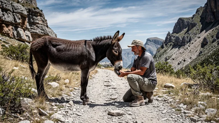 Donkey on rocky 20 km trail with worn hooves, highlighting forgotten replacement horseshoes