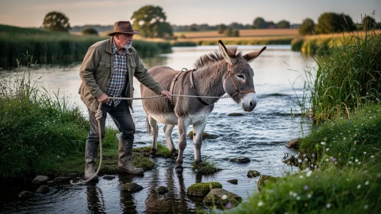 Âne refusant de traverser un gué, homme patient attendant sur la rive dans un paysage campagnard naturel