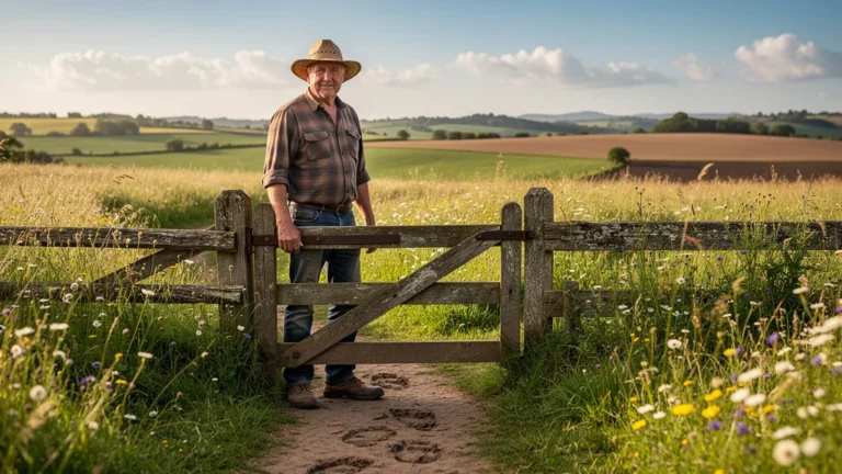 Agriculteur ferme un pré interdit sous un ciel bleu, symbolisant le respect des limites agricoles