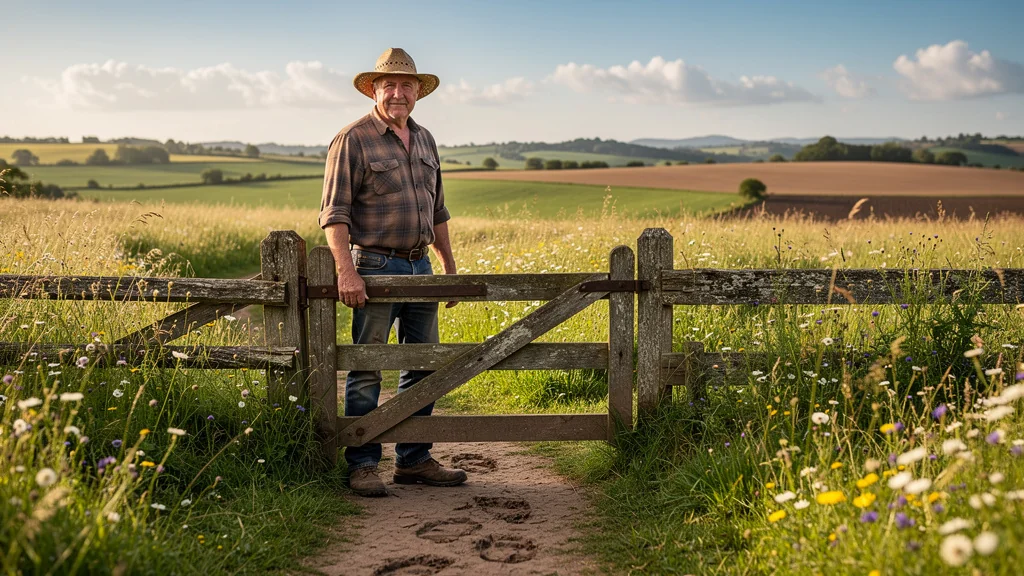 Agriculteur ferme un pré interdit sous un ciel bleu, symbolisant le respect des limites agricoles