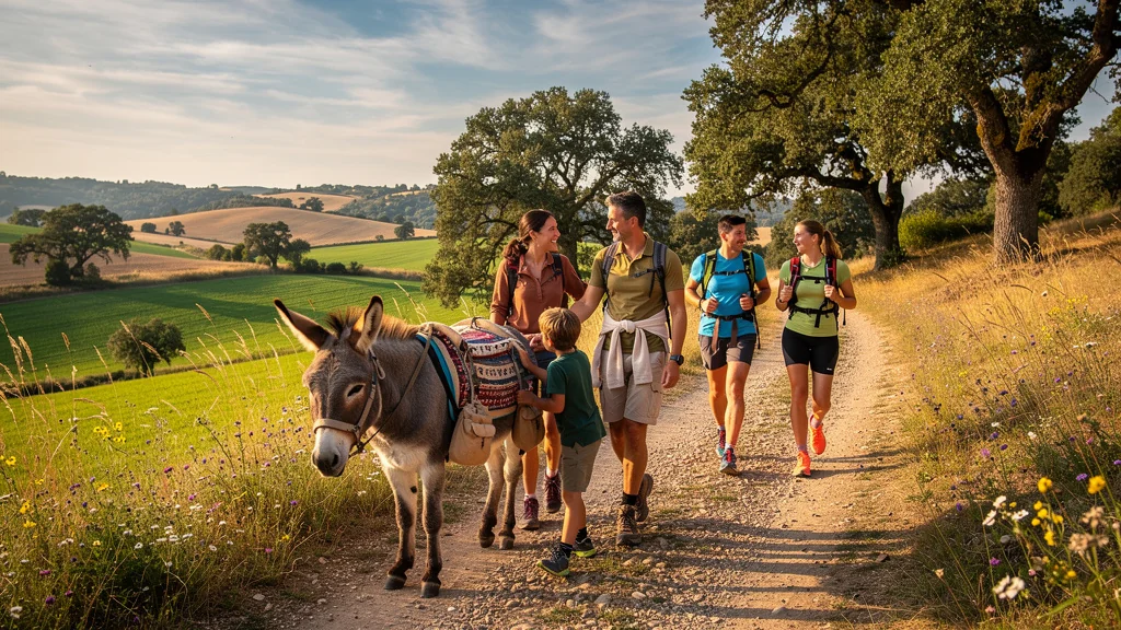 Famille randonne avec un âne sur un sentier, adapté aux familles plutôt qu’aux marcheurs rapides