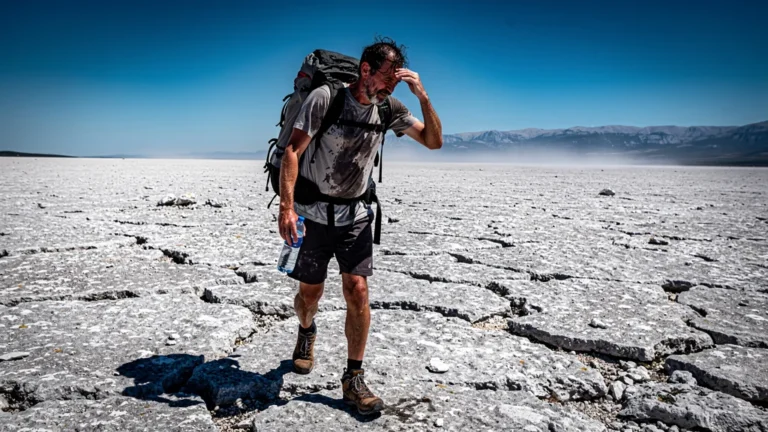 Hiker exhausted under unrelenting sun on barren causse plateau sans ombre, 3 heures de marche