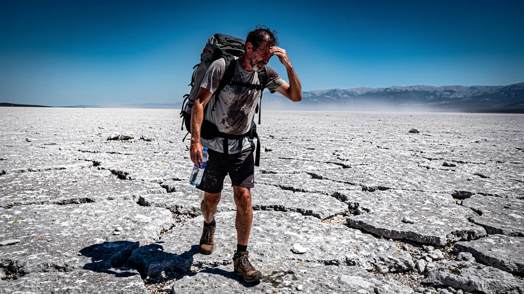 Hiker exhausted under unrelenting sun on barren causse plateau sans ombre, 3 heures de marche