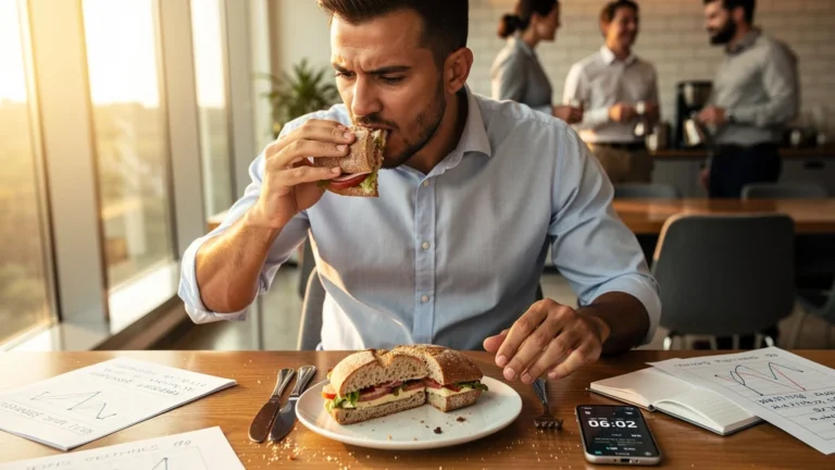 Homme teste rythme de Gustave en mangeant sandwich en deux étapes, pause longue midi incluse