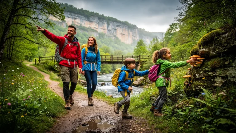 Famille en randonnée sur sentiers verdoyants autour de Sauliac-sur-Célé après trois jours de pluie