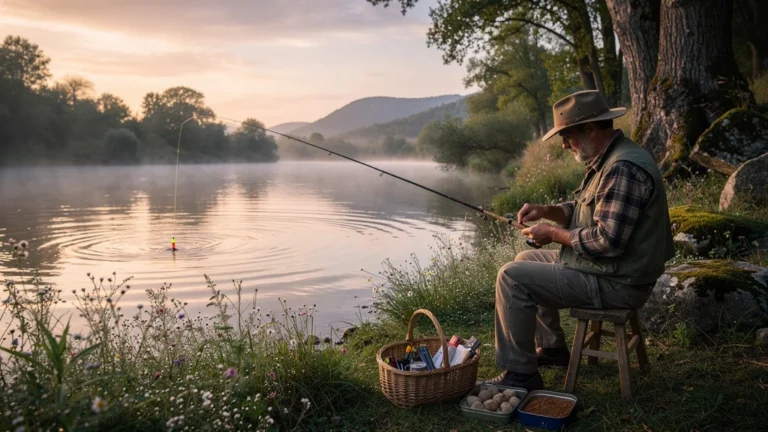 Pêche au coup dans le Célé à Espagnac-Sainte-Eulalie au lever du jour avec un pêcheur en pleine préparation