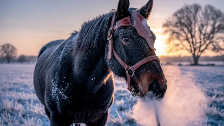 Halter en cuir sur cheval au pré gelé, idéal pour sorties hivernales fréquentes, protection renforcée