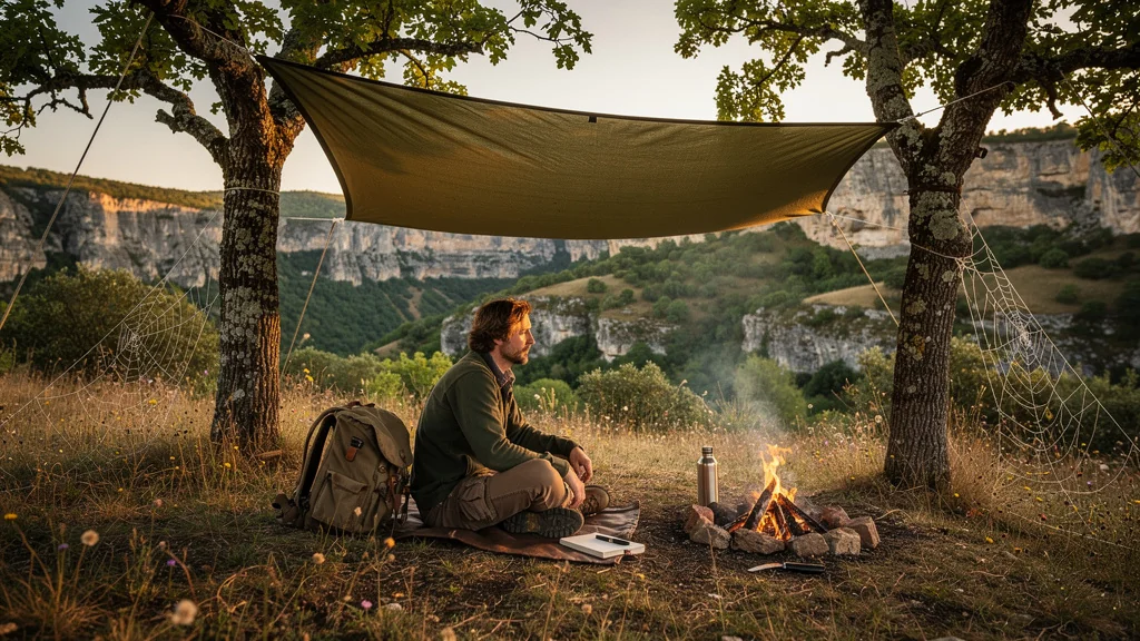 Camping minimaliste avec un tarp dans la vallée du Célé, nature sauvage et sérénité en plein air