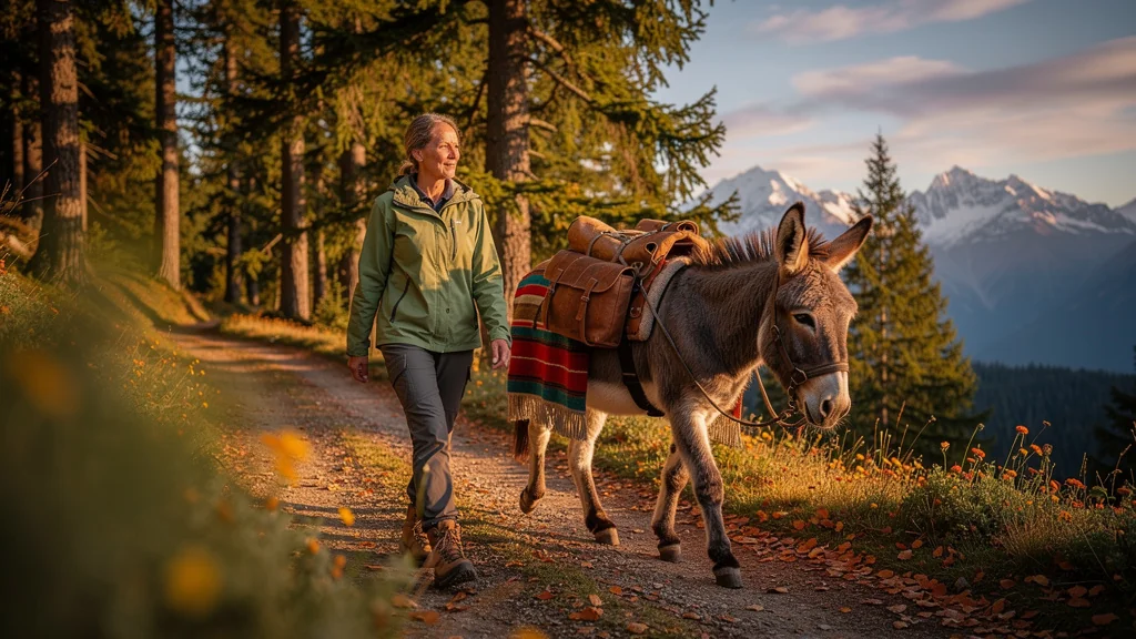 Femme en rando-âne sans téléphone sur sentier montagneux au coucher de soleil, déconnexion et nature
