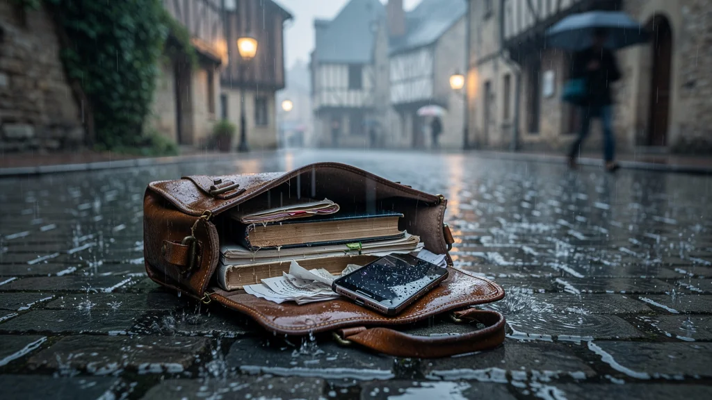 Satchel ouverte sous la pluie à Figeac, affaires trempées sur pavés mouillés après l'averse