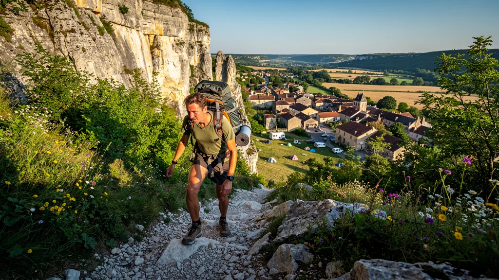 Hiker struggling sur une montée raide à Cabrerets, contrastant avec la campagne paisible de Brengues sans voiture