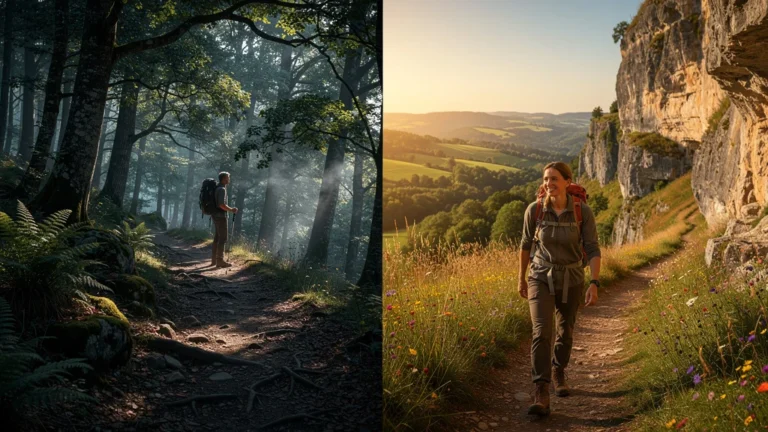 Comparaison photographique de deux sentiers pédestres vers Pech Merle au lever du jour sur deux matinées